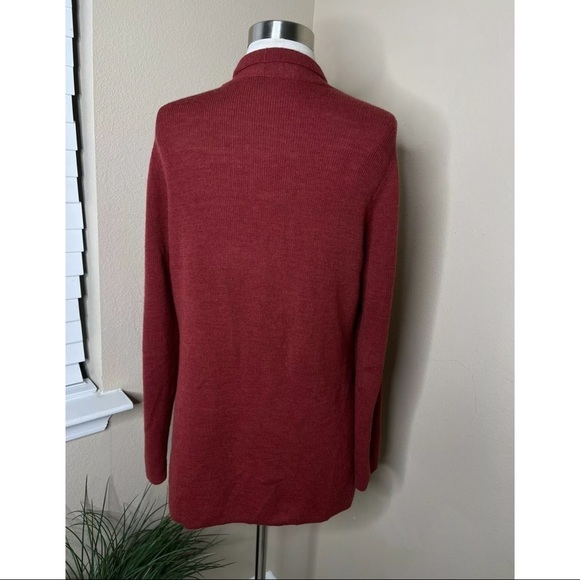 Eileen Fisher Womens M Open Knit Cardigan 100% Wool Brick Red Sleeves - Picture 3 of 5
